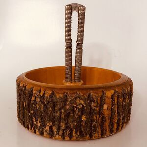Vintage Live Edge Wood Nut Bowl With Rustic Bark Nutcracker 6x6"